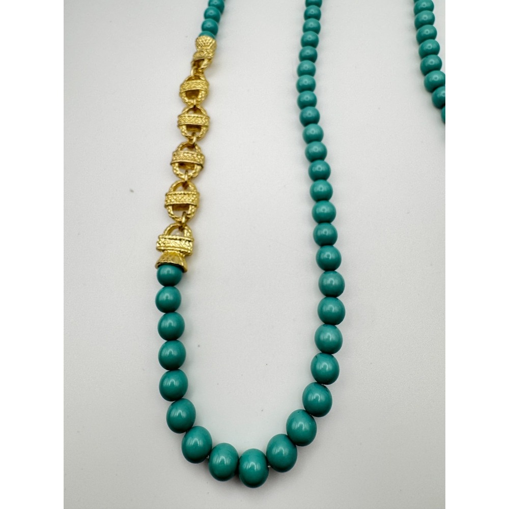 Vintage Blue Beaded Necklace Teal Toggle Clasp Gold Tone Links 36 in Fornash